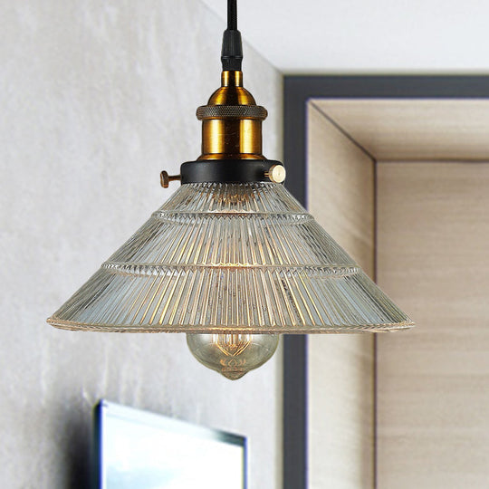 Farmhouse Ribbed Glass Cone Pendant Ceiling Light In Black/Brass Single-Bulb Hanging Lamp For Dining