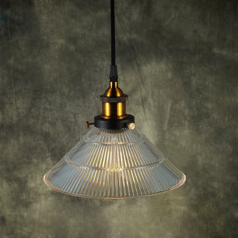 Farmhouse Ribbed Glass Cone Pendant Ceiling Light with Black/Brass Finish - Single-Bulb Hanging Lamp for Dining Room