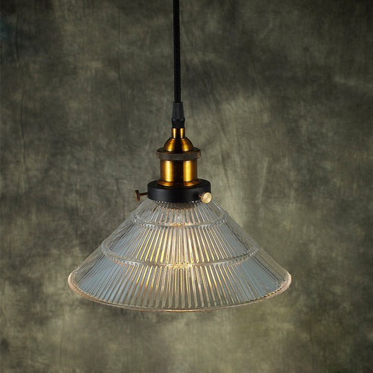 Farmhouse Ribbed Glass Cone Pendant Ceiling Light with Black/Brass Finish - Single-Bulb Hanging Lamp for Dining Room