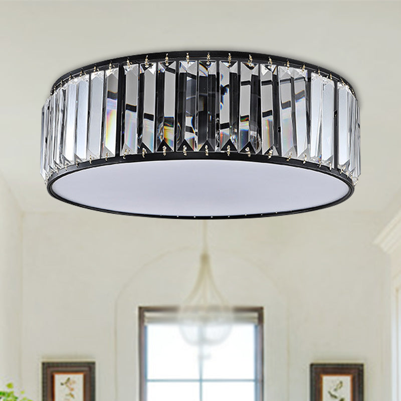 Simple Crystal-Shaded Drum Flush Mount Lamp - Black/Bronze 3/4/5-Light Fixture for Bedrooms