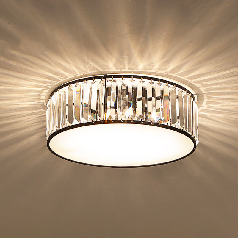 Simple Crystal-Shaded Drum Flush Mount Lamp - Black/Bronze 3/4/5-Light Fixture For Bedrooms Ceiling