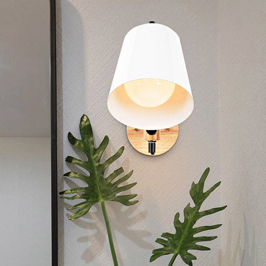 Modern Metal Wall Lamp With Bucket Shade 1 Light Corridor Mount Wooden Backplate Black/White