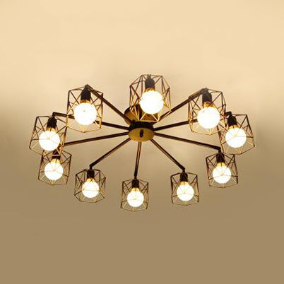 Hexagon Cage Metal Semi-Flush Mount Ceiling Light in Vintage Style - 6/8/10 Heads - Black