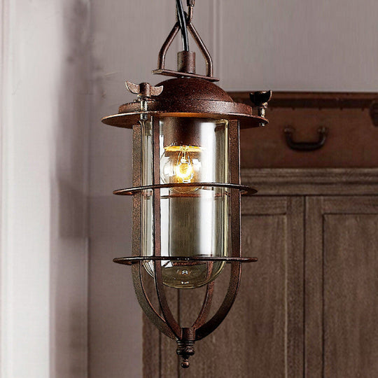 Coastal Rust Caged Lantern Pendant Fixture with Clear Glass - Single-Bulb Ceiling Light for Living Room