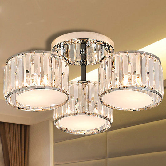 Modernist Crystal Drum Flush Mount Ceiling Lamp in Chrome Finish