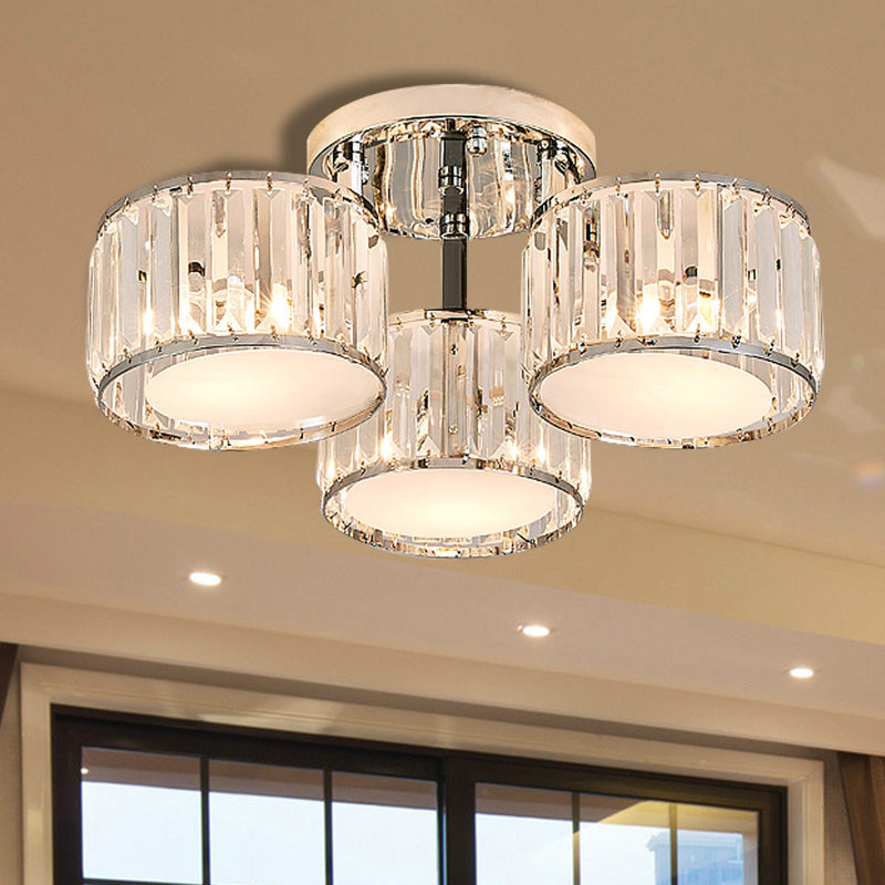 Modernist Crystal Drum Flush Mount Ceiling Lamp in Chrome Finish