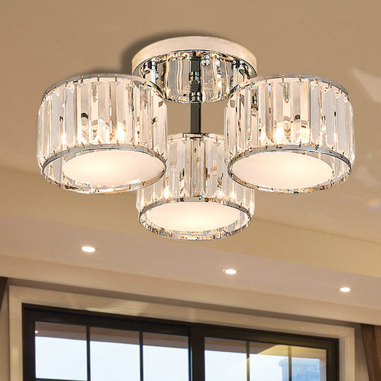 Modernist Crystal Drum Flush Mount Ceiling Lamp In Chrome Finish