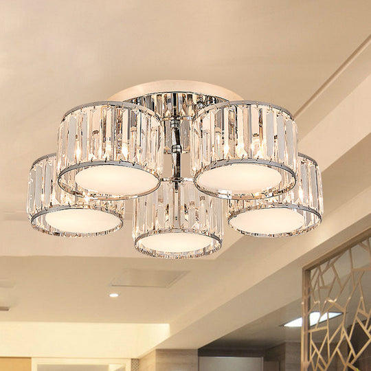 Modernist Crystal Drum Flush Mount Ceiling Lamp in Chrome Finish