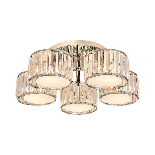 Modernist Crystal Drum Flush Mount Ceiling Lamp In Chrome Finish