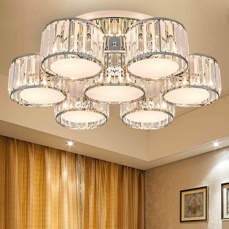 Modernist Crystal Drum Flush Mount Ceiling Lamp in Chrome Finish