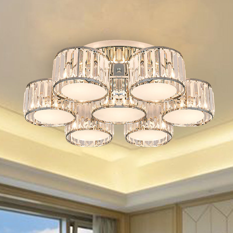 Modernist Crystal Drum Flush Mount Ceiling Lamp in Chrome Finish