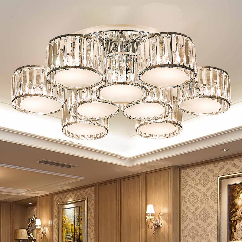 Modernist Crystal Drum Flush Mount Ceiling Lamp in Chrome Finish