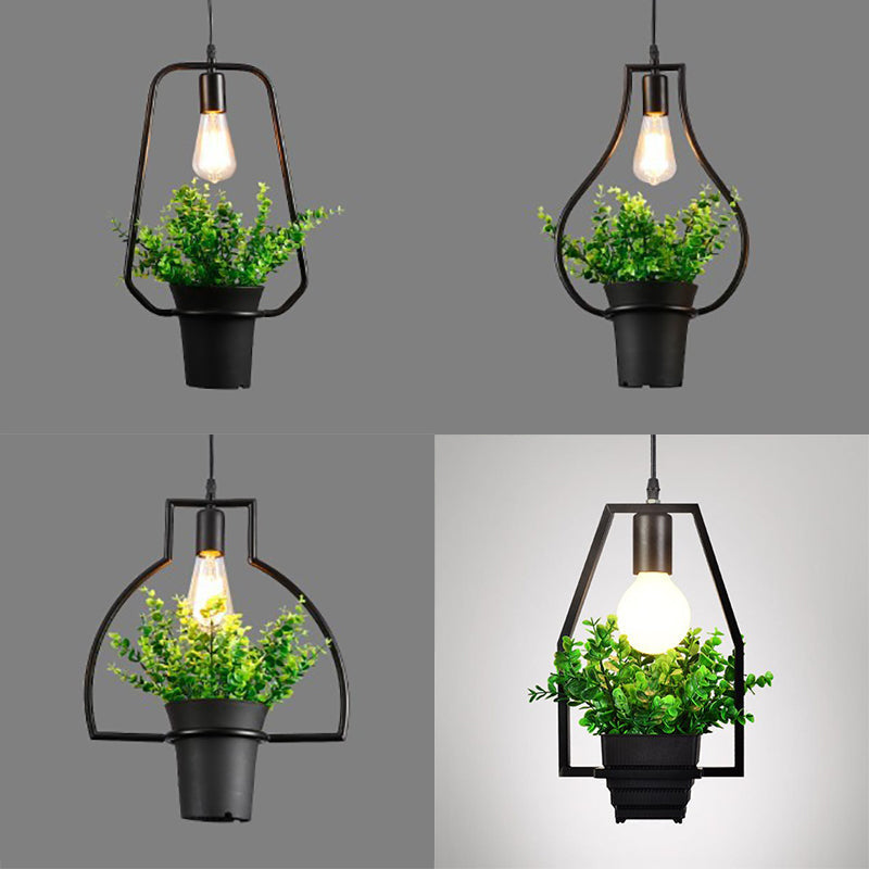 Industrial Style Metal Pendant Lamp with Hanging Frame, Ideal for Balcony – Black Finish