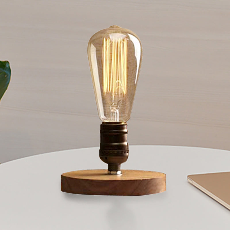 Farmhouse Bedside Table Lamp: Wooden Circular Base With Exposed Bulb In Brass