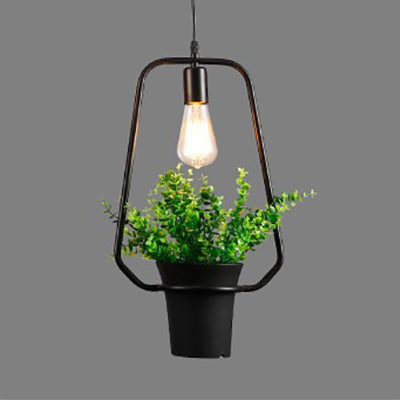 Industrial Style Metal Pendant Lamp with Hanging Frame, Ideal for Balcony – Black Finish