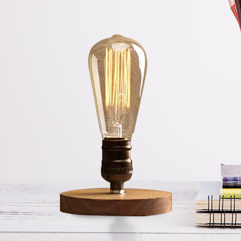 Farmhouse Bedside Table Lamp: Wooden Circular Base With Exposed Bulb In Brass