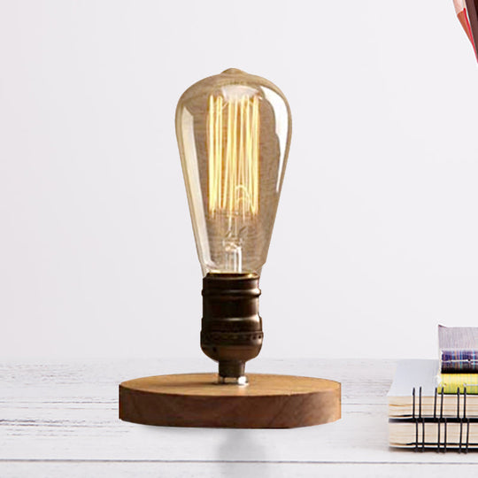 Farmhouse Bedside Table Lamp: Wooden Circular Base With Exposed Bulb In Brass