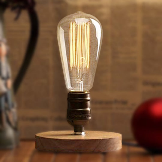 Farmhouse Bedside Table Lamp: Wooden Circular Base With Exposed Bulb In Brass