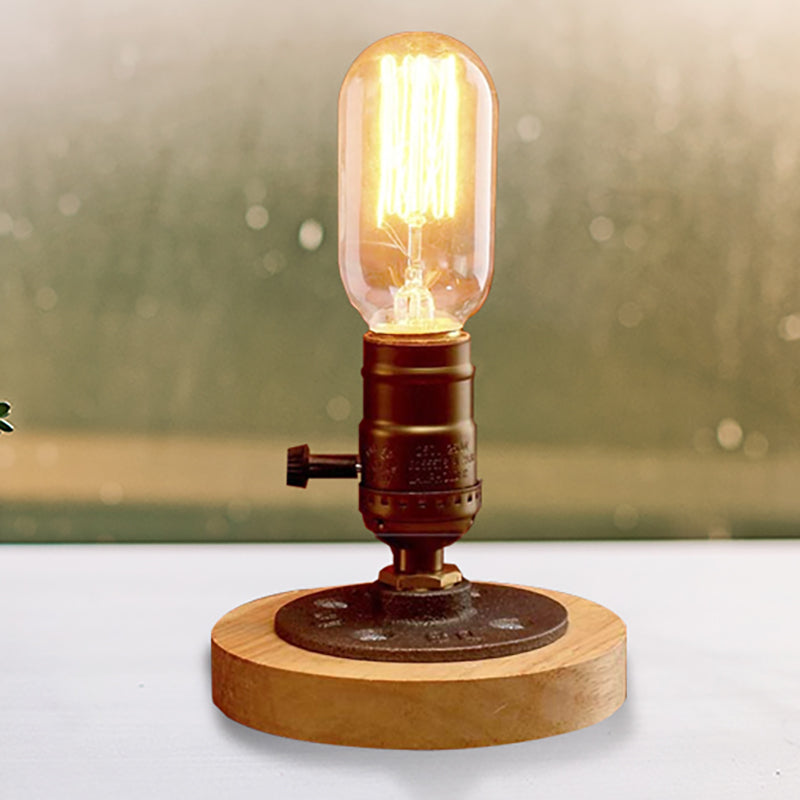 Farmhouse Mini Table Lamp | Brass Finish Wooden Base Metal 1-Light Restaurant Lighting