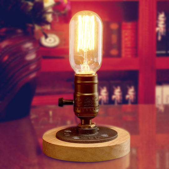 Farmhouse Mini Table Lamp | Brass Finish Wooden Base Metal 1-Light Restaurant Lighting