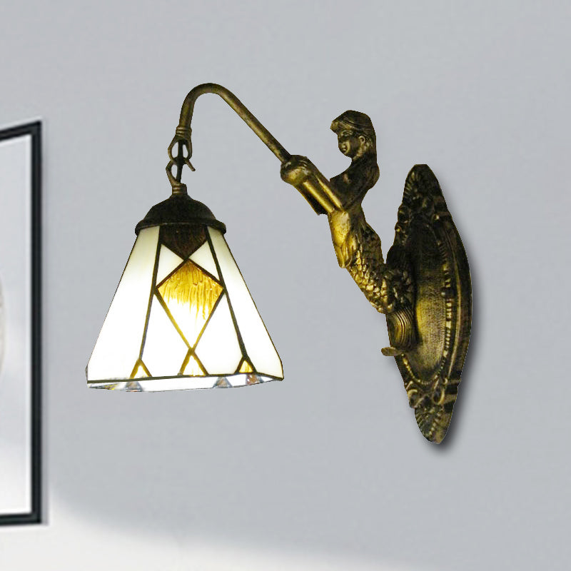 Mermaid Backplate Tiffany Cone Wall Sconce Light With Beige Glass