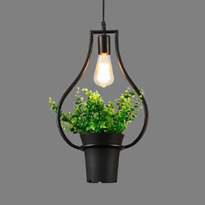 Industrial Style Metal Pendant Lamp with Hanging Frame, Ideal for Balcony – Black Finish