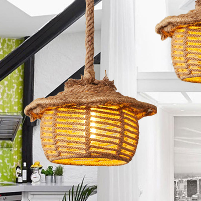 Stylish Hemp Rope House Suspended Ceiling Light Fixture In Beige For Coffee Shops - 1 Lodge