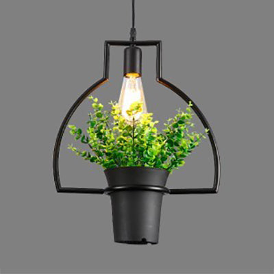 Industrial Style Hanging Light - Balcony Metal Pendant Lamp With Black Finish Planter And Frame / C