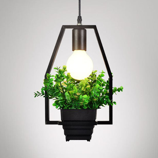 Industrial Style Metal Pendant Lamp with Hanging Frame, Ideal for Balcony – Black Finish