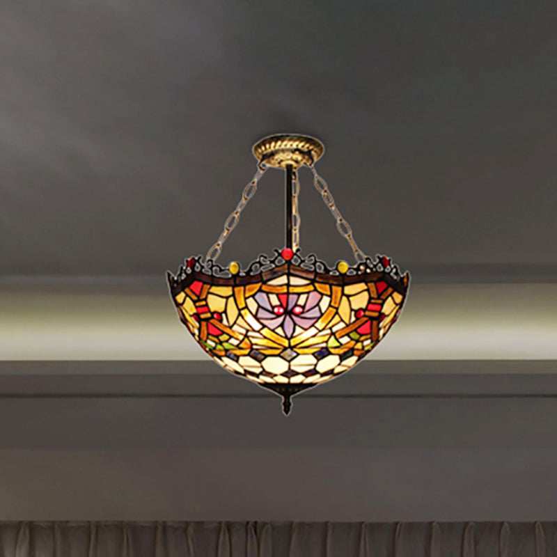 Orange-Purple Stained Glass Semi Flush Ceiling Light - Tiffany Victorian Design for Dining Room