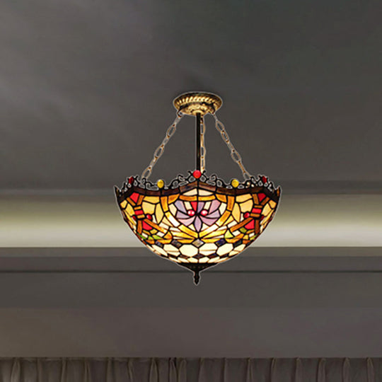 Orange-Purple Stained Glass Semi Flush Ceiling Light - Tiffany Victorian Design For Dining Room