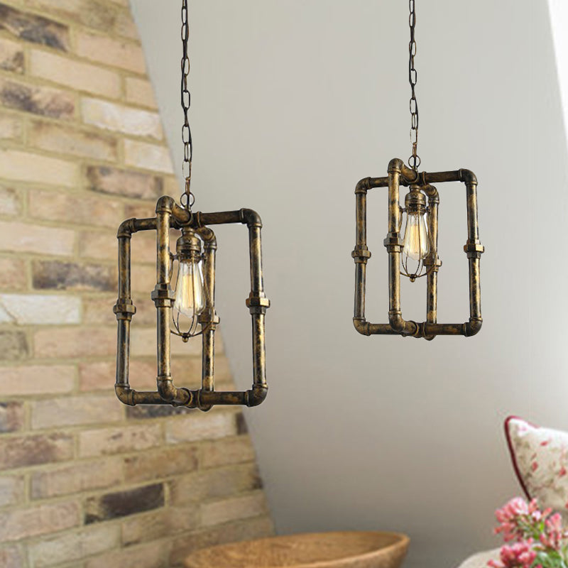 Industrial Brass Finish Rectangular Pipe Ceiling Lamp with Bulb Cage Shade