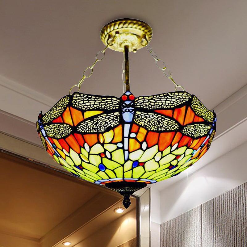 Rustic Tiffany Dragonfly Stained Glass Ceiling Light Fixture for Hotels