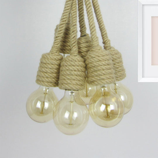 Industrial Beige Hemp Rope Cluster Pendant Lamp - Multi Light Bare Bulb Hanging Lighting For