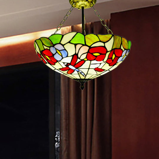 Semi-Flush Mount Dragonfly Ceiling Light - Colorful Blossom Design, Perfect for Kitchen - Traditional Tiffany Style