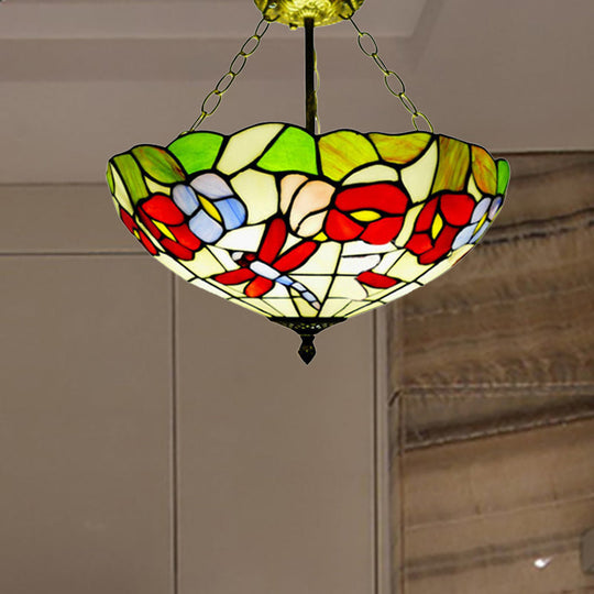 Semi-Flush Mount Dragonfly Ceiling Light - Colorful Blossom Design, Perfect for Kitchen - Traditional Tiffany Style