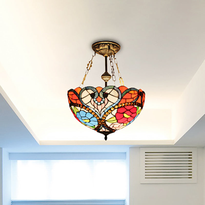 Elegant Stained Glass Blossom Ceiling Lamp with Bead Accent - Semi Flush Mount for Hotel