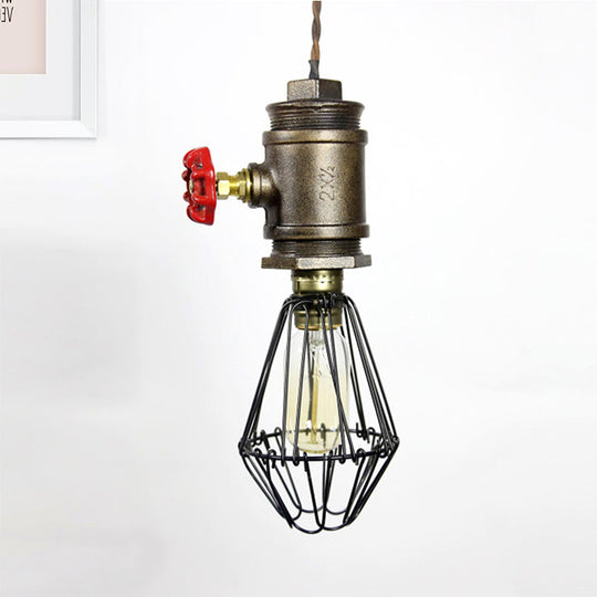 1-Bulb Industrial Wire Pendant Lighting with Red Valve - Bronze Ceiling Fixture