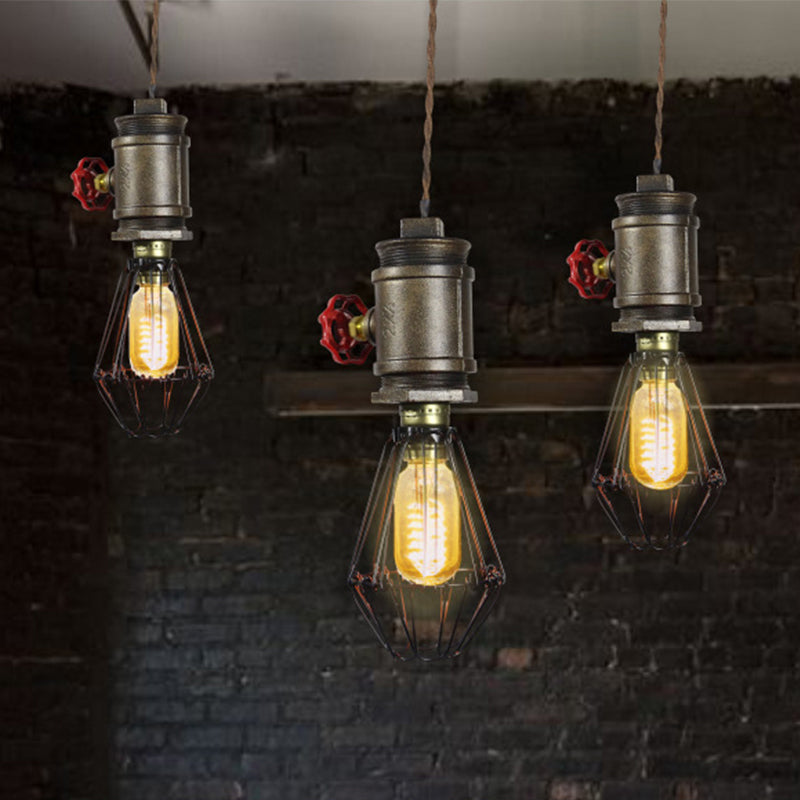 1-Bulb Industrial Wire Pendant Lighting with Red Valve - Bronze Ceiling Fixture