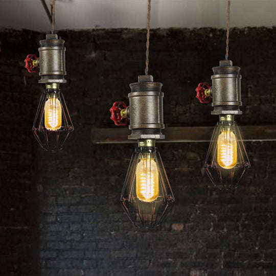 1-Bulb Industrial Wire Pendant Lighting with Red Valve - Bronze Ceiling Fixture