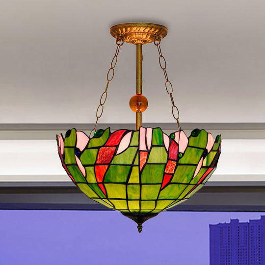 Tiffany Rustic Art Glass Semi Flush Mount Light - Lattice Bowl Inverted Ceiling Light in Green - Ideal for Living Room Décor