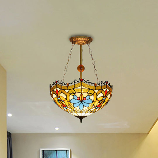 Tiffany Ceiling Lamp With Victorian Design - Yellow Glass Bowl Semi Flush For Restaurants