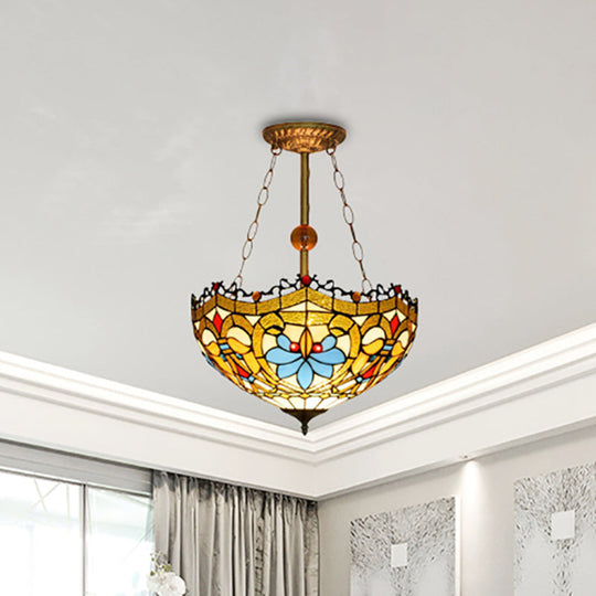 Tiffany Ceiling Lamp With Victorian Design - Yellow Glass Bowl Semi Flush For Restaurants