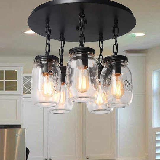 Etched Clear Glass Mason Jar Semi Flush Industrial Light Fixture - Ideal For Dining Room 3/5-Bulb