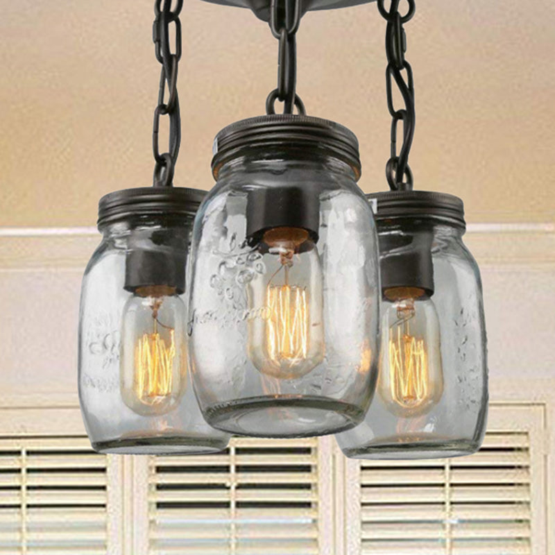 Etched Clear Glass Mason Jar Semi Flush Industrial Light Fixture - Ideal For Dining Room 3/5-Bulb