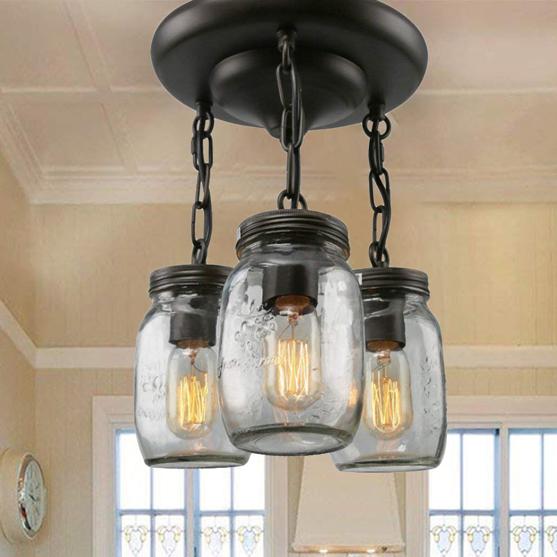 Etched Clear Glass Mason Jar Semi Flush Industrial Light Fixture - Ideal For Dining Room 3/5-Bulb