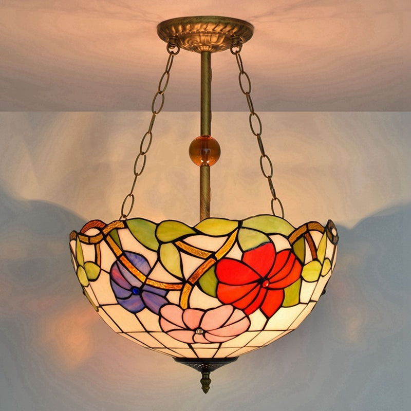 Blossom Tiffany Stained Glass Ceiling Lamp - Restaurant Semi Flush Mount Antique Bronze