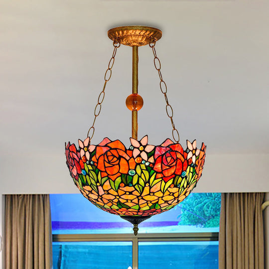 Rustic Blossom Stained Glass Ceiling Lamp in Orange-Red by Tiffany