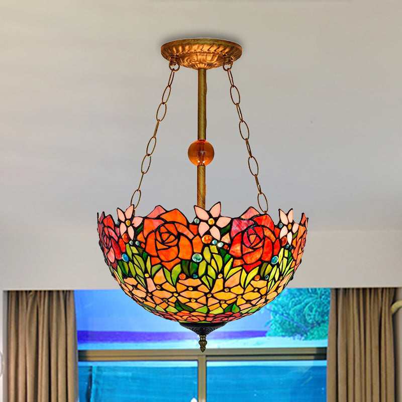 Rustic Blossom Tiffany Ceiling Lamp - Stained Glass Inverted Semi Flush Light In Orange-Red Orange