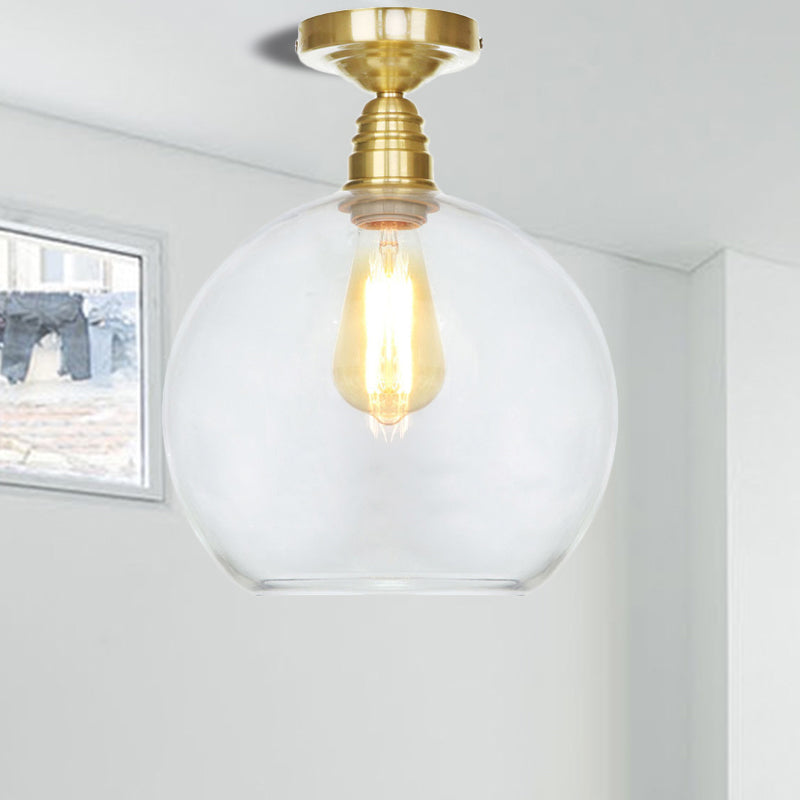 Spherical Brass Industrial Semi Flush Light: Clear/Amber Glass Ceiling Mount, 8"/10"/12" Wide